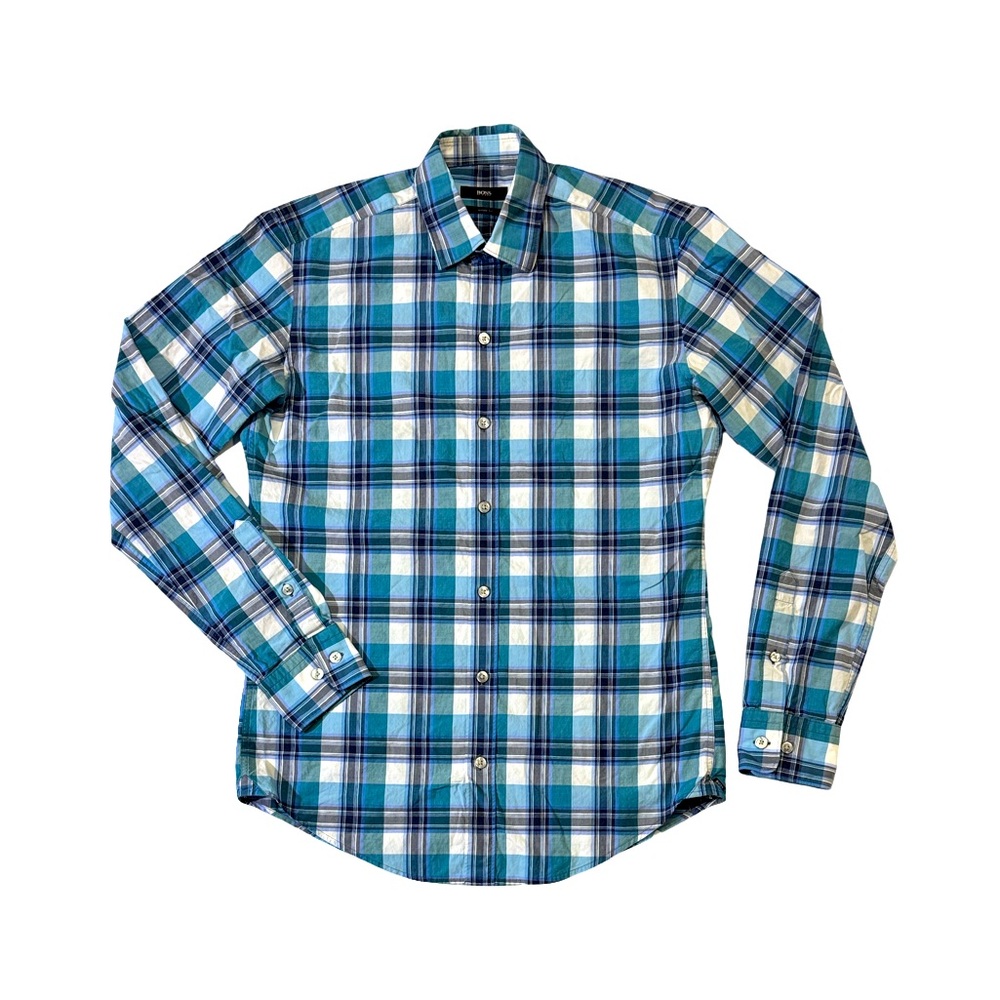 Hugo Boss mens S Small Sharp fit blue plaid cotton button up casual shirt EUC